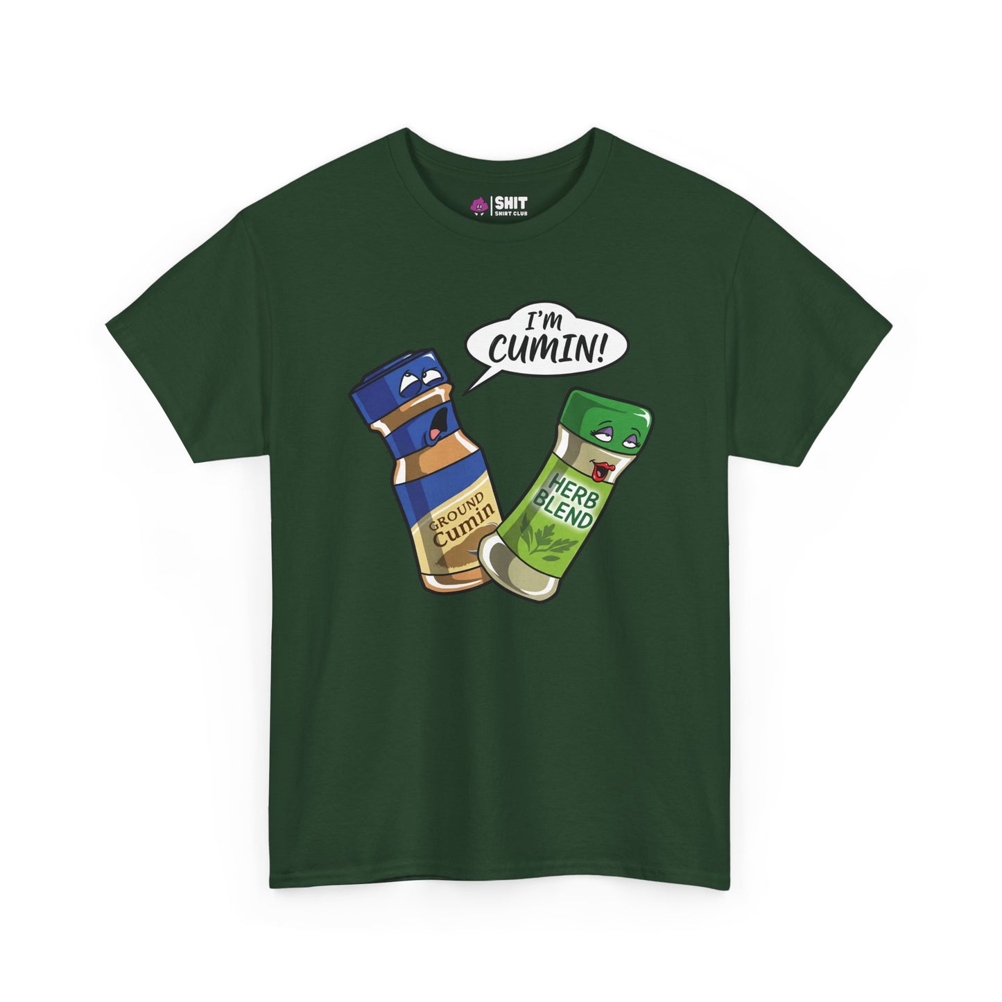 The "I’m Cumin!" Stag Do Tee features cartoon spice jars with expressive faces—Ground Cumin shouts “I’m Cumin!” as a surprised Herb Blend looks on, making this dark green shirt a hilarious stag party pick.
