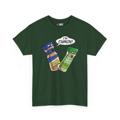 The "I’m Cumin!" Stag Do Tee features cartoon spice jars with expressive faces—Ground Cumin shouts “I’m Cumin!” as a surprised Herb Blend looks on, making this dark green shirt a hilarious stag party pick.