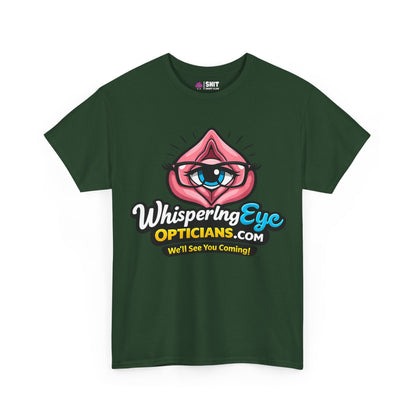 The Whispering Eye Opticians Logo Tee (We'll See You Coming!) is a dark green shirt with an eye-in-lips graphic and cheeky slogan—ideal as a bold stag do t-shirt for anyone with a playful sense of humor.