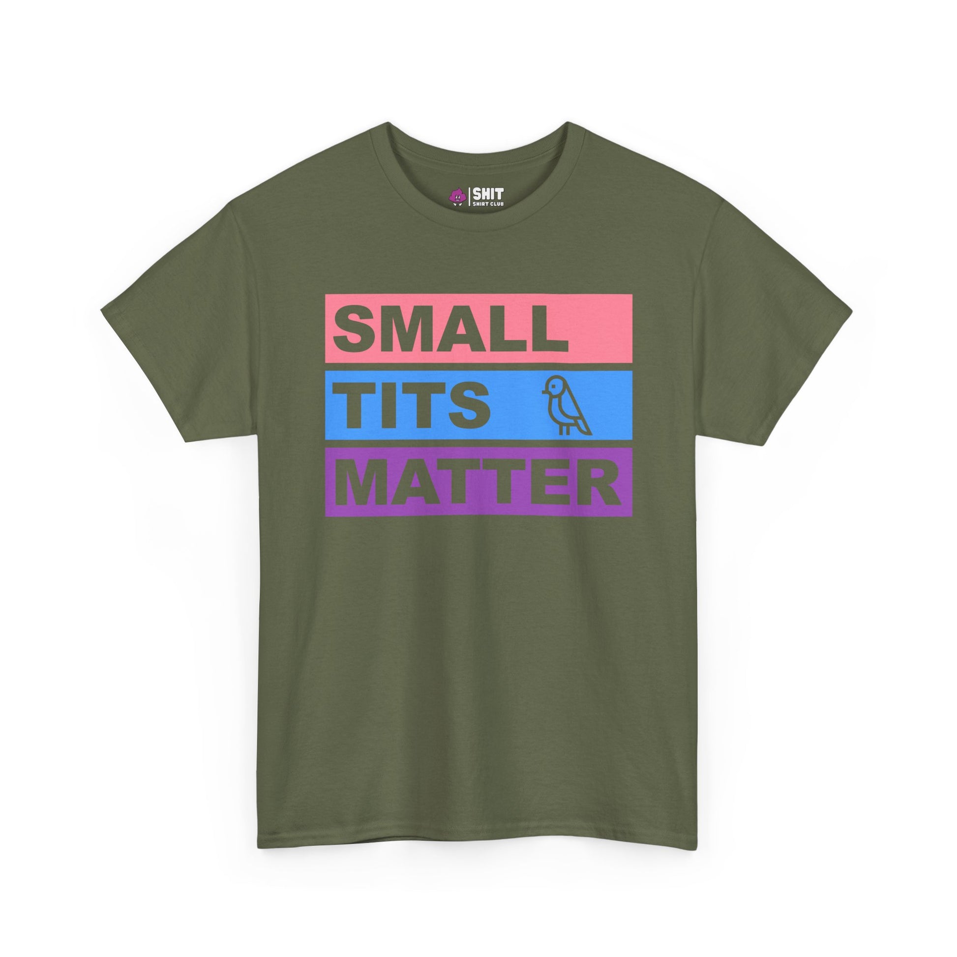 The "Small Tits Matter" Tee is an empowering women's shirt in olive green, featuring bold pink, blue, and purple color blocks with a playful bird—perfect as a cheeky hen do tee or statement piece.