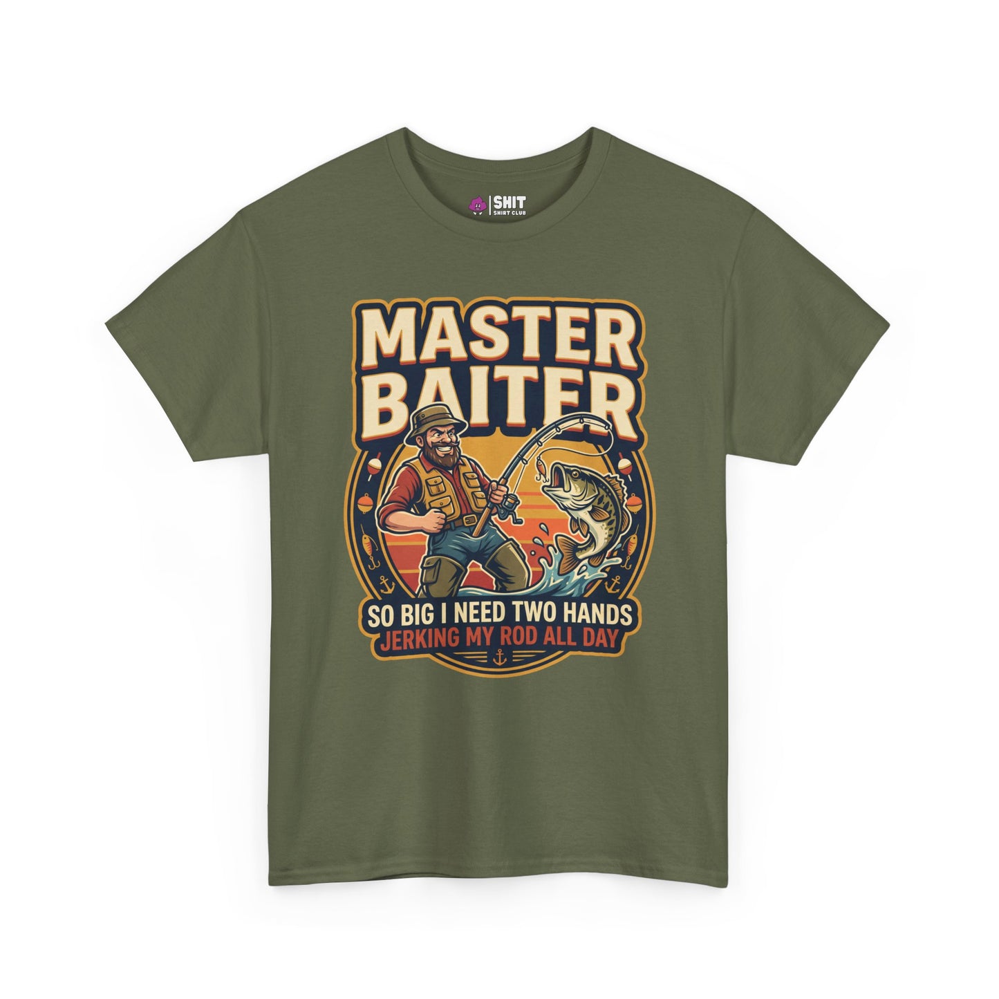 The Master Baiter Rude Fishing Tee features an olive green design with a cartoon man reeling in a giant fish. Bold "MASTER BAITER" text sits above the image, plus a cheeky slogan—making this the perfect funny shirt for fishing fans!.