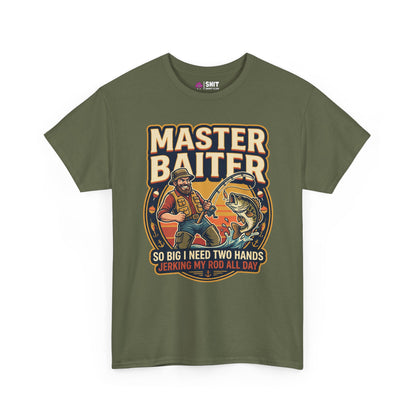The Master Baiter Rude Fishing Tee features an olive green design with a cartoon man reeling in a giant fish. Bold "MASTER BAITER" text sits above the image, plus a cheeky slogan—making this the perfect funny shirt for fishing fans!.