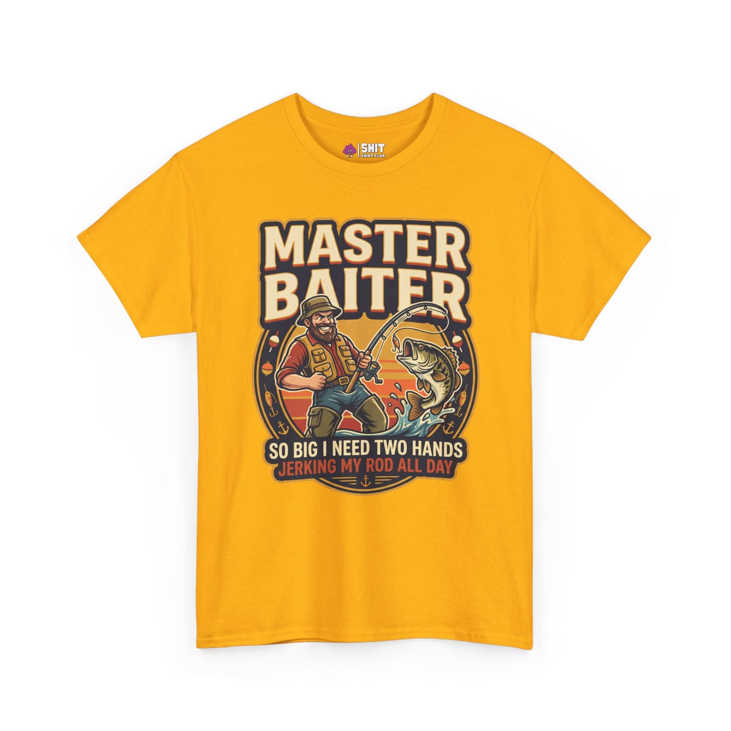 The Master Baiter Rude Fishing Tee features a cartoon man reeling in a giant fish with the text: "MASTER BAITER. So big I need two hands jerking my rod all day." A funny, cheeky shirt for fishing lovers.