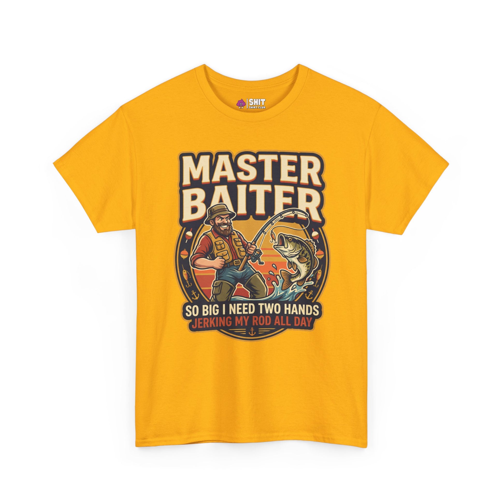 The Master Baiter Rude Fishing Tee features a cartoon man reeling in a giant fish with the text: "MASTER BAITER. So big I need two hands jerking my rod all day." A funny, cheeky shirt for fishing lovers.