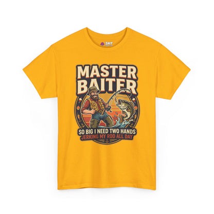The Master Baiter Rude Fishing Tee features a cartoon man reeling in a giant fish with the text: "MASTER BAITER. So big I need two hands jerking my rod all day." A funny, cheeky shirt for fishing lovers.