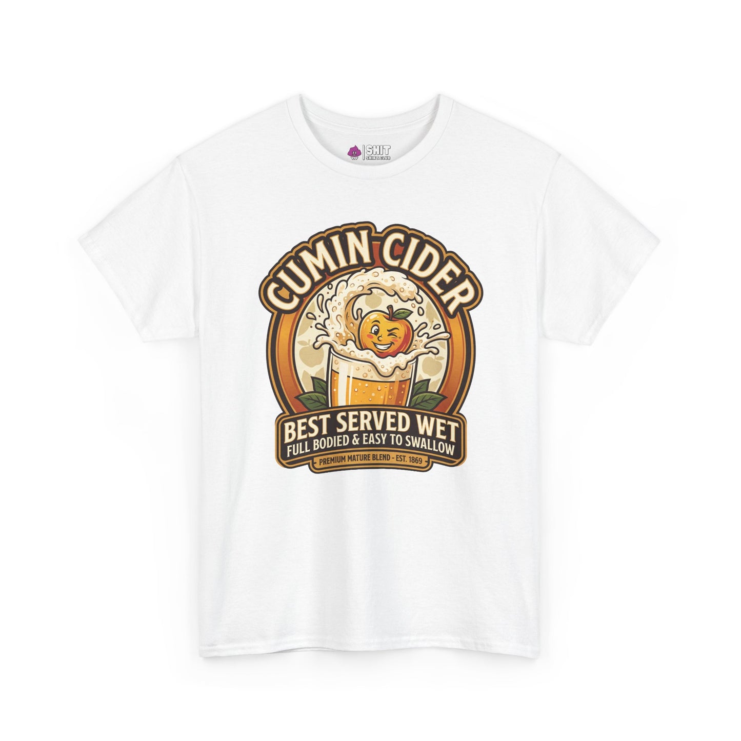 The Cumin Cider Stag Do Tee is a white shirt with a playful, vintage label showing a smiling apple splashing in cider and the text: “Cumin Cider – Best Served Wet, Full Bodied & Easy to Swallow.”.