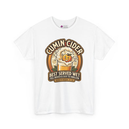 The Cumin Cider Stag Do Tee is a white shirt with a playful, vintage label showing a smiling apple splashing in cider and the text: “Cumin Cider – Best Served Wet, Full Bodied & Easy to Swallow.”.