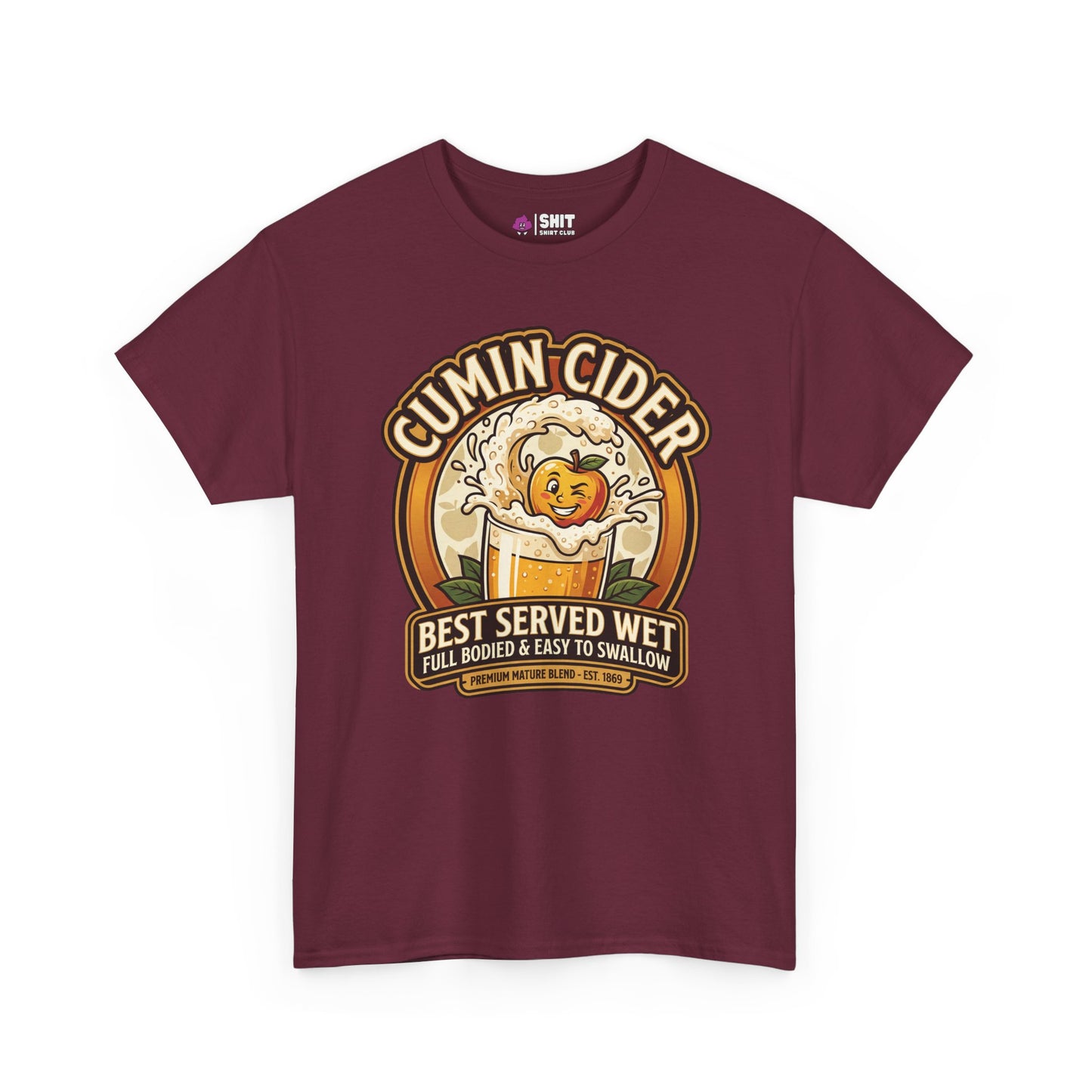 The Cumin Cider Stag Do Tee is a maroon t-shirt with a playful apple cider graphic and the slogan “Best Served Wet, Full Bodied & Easy to Swallow”—a funny choice for your next stag do celebration.