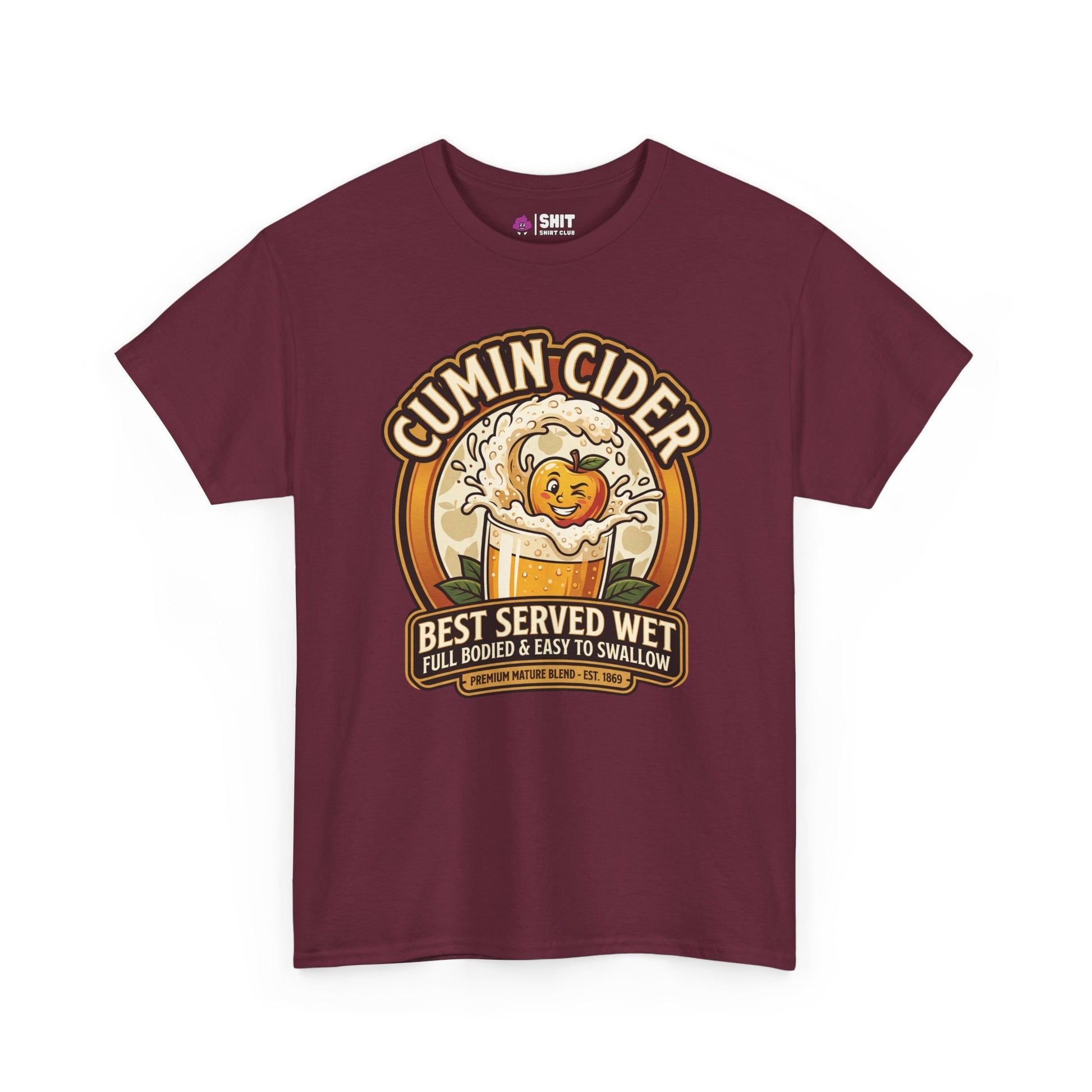 The Cumin Cider Stag Do Tee is a maroon t-shirt with a playful apple cider graphic and the slogan “Best Served Wet, Full Bodied & Easy to Swallow”—a funny choice for your next stag do celebration.