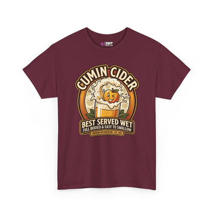 The Cumin Cider Stag Do Tee is a maroon t-shirt with a playful apple cider graphic and the slogan “Best Served Wet, Full Bodied & Easy to Swallow”—a funny choice for your next stag do celebration.