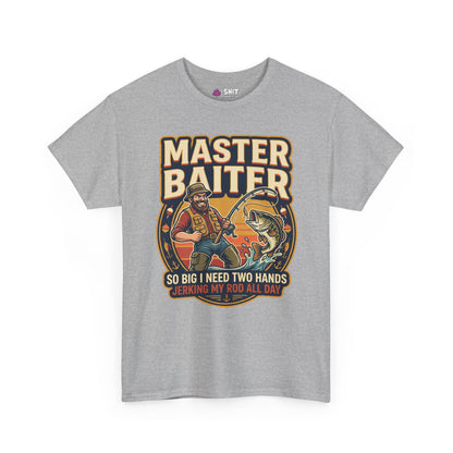 The Master Baiter Rude Fishing Tee features a bold graphic of a man reeling in a huge catch with the cheeky text: "SO BIG I NEED TWO HANDS. JERKING MY ROD ALL DAY." A funny fishing t-shirt for those with a sense of humor!.