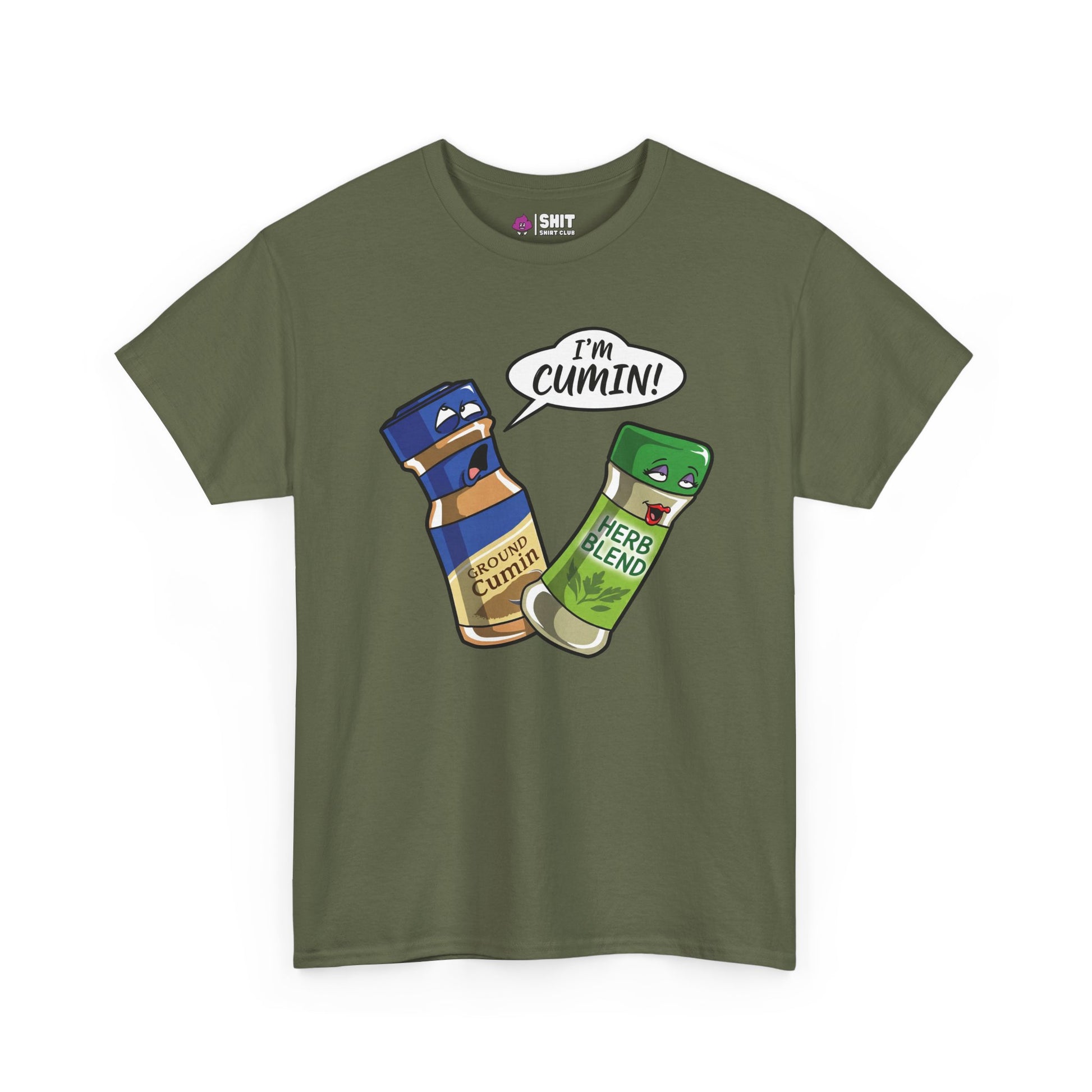 The "I’m Cumin!" Stag Do Tee is an olive green shirt with cartoon spice jars—one labeled Ground Cumin looks startled while another shouts “I’m Cumin!” A funny novelty choice for your stag party crew.