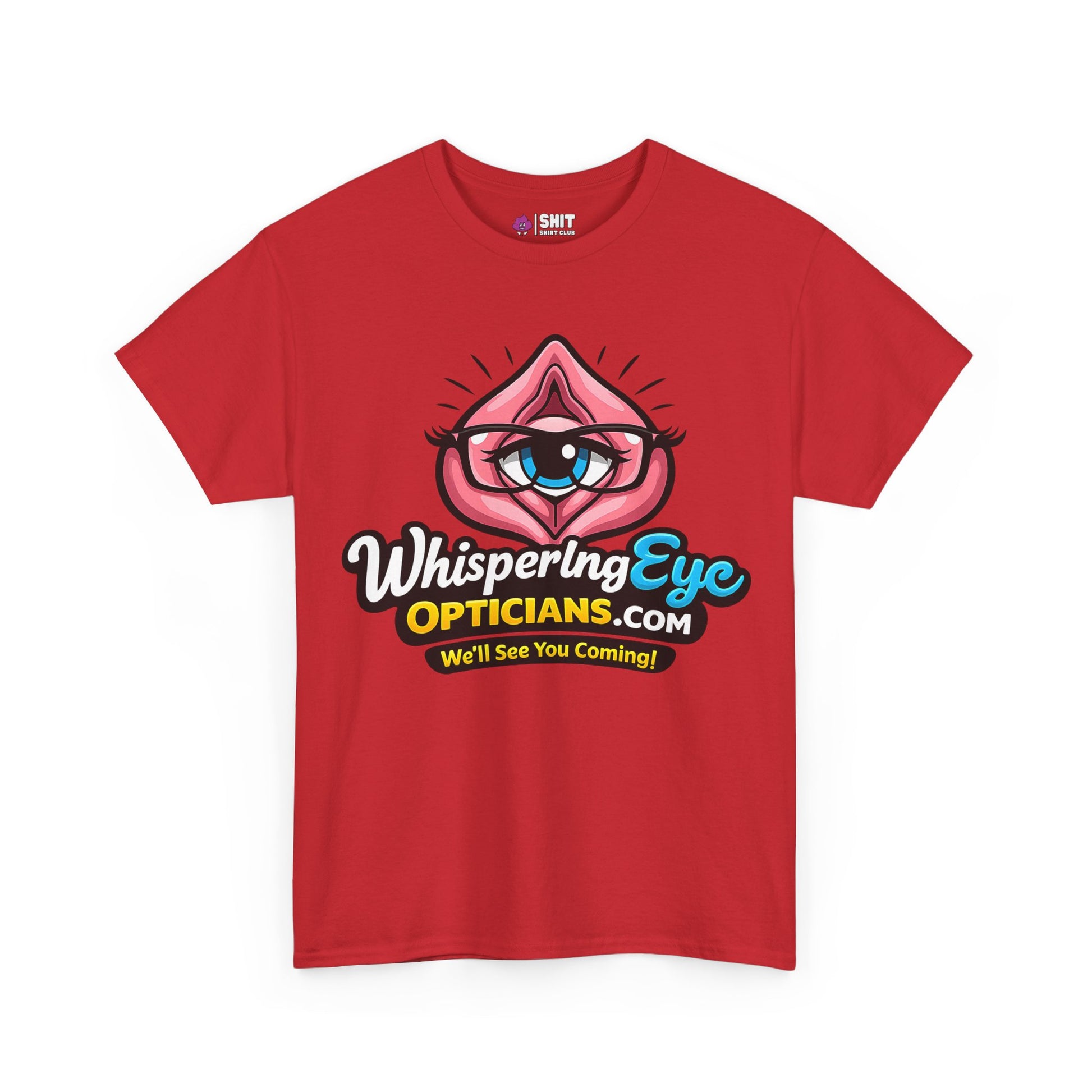 Add a bold touch to your night with the Whispering Eye Opticians Logo Tee (We’ll See You Coming!)—a cheeky red tee featuring an eye with glasses inside pink lips and playful text. Perfect for lads’ nights out!.