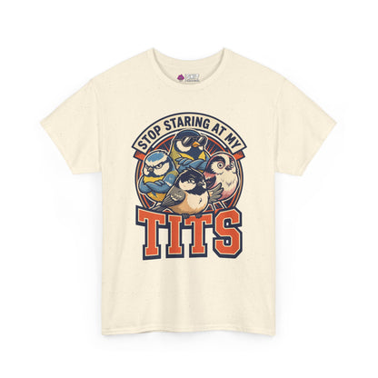 The “Stop Staring at My Tits” Stag Do Tee is a beige shirt with colorful tit bird illustrations and bold text—a funny stag do outfit or groom gift, perfect for making your night out unforgettable.