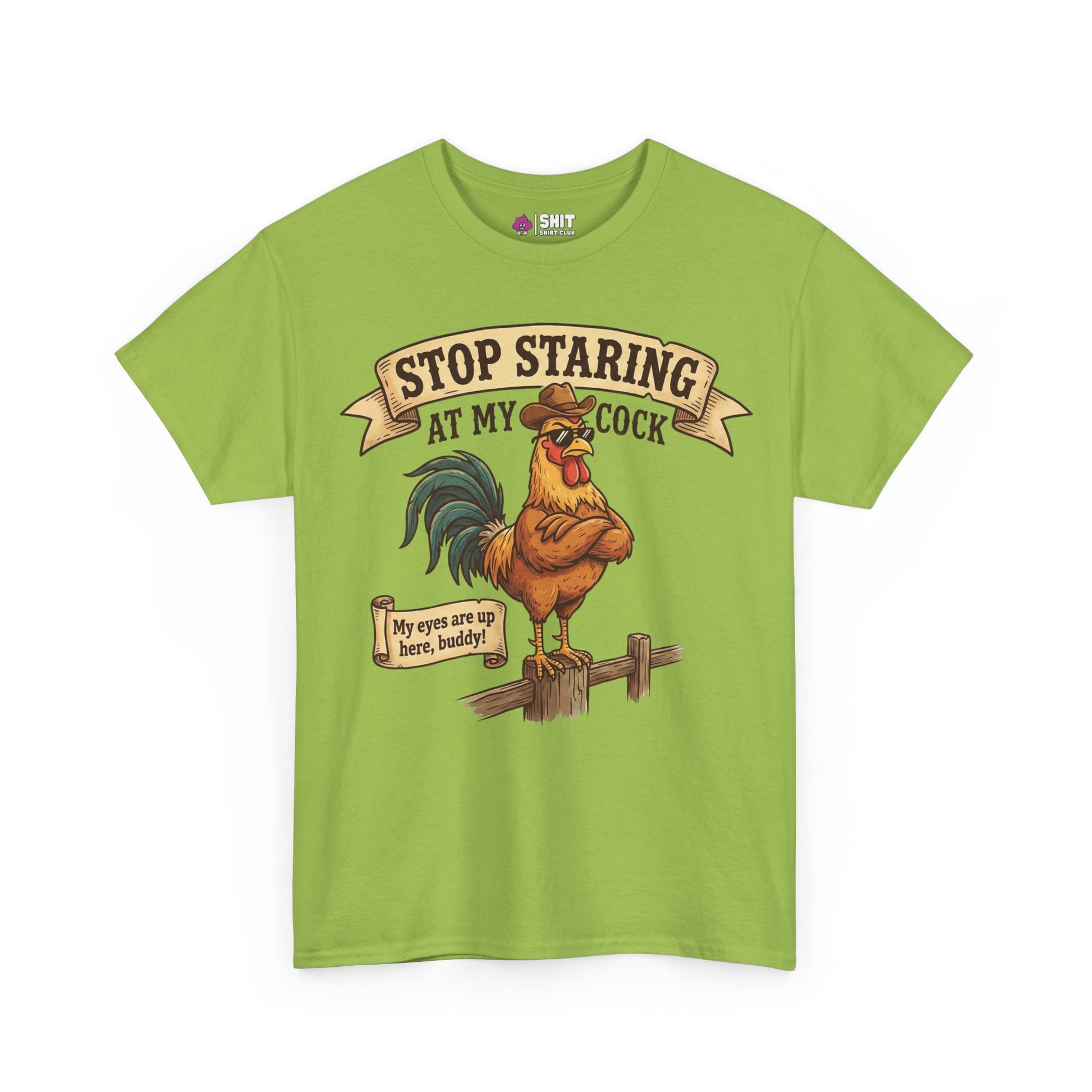 The Stop Staring at My Cock Tee features a green shirt with a cartoon rooster in sunglasses and bold text—a hilarious choice for stag parties or as a funny groom t-shirt at your next big bash!.