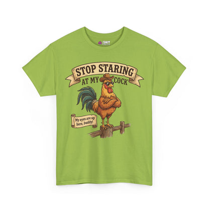 The Stop Staring at My Cock Tee features a green shirt with a cartoon rooster in sunglasses and bold text—a hilarious choice for stag parties or as a funny groom t-shirt at your next big bash!.