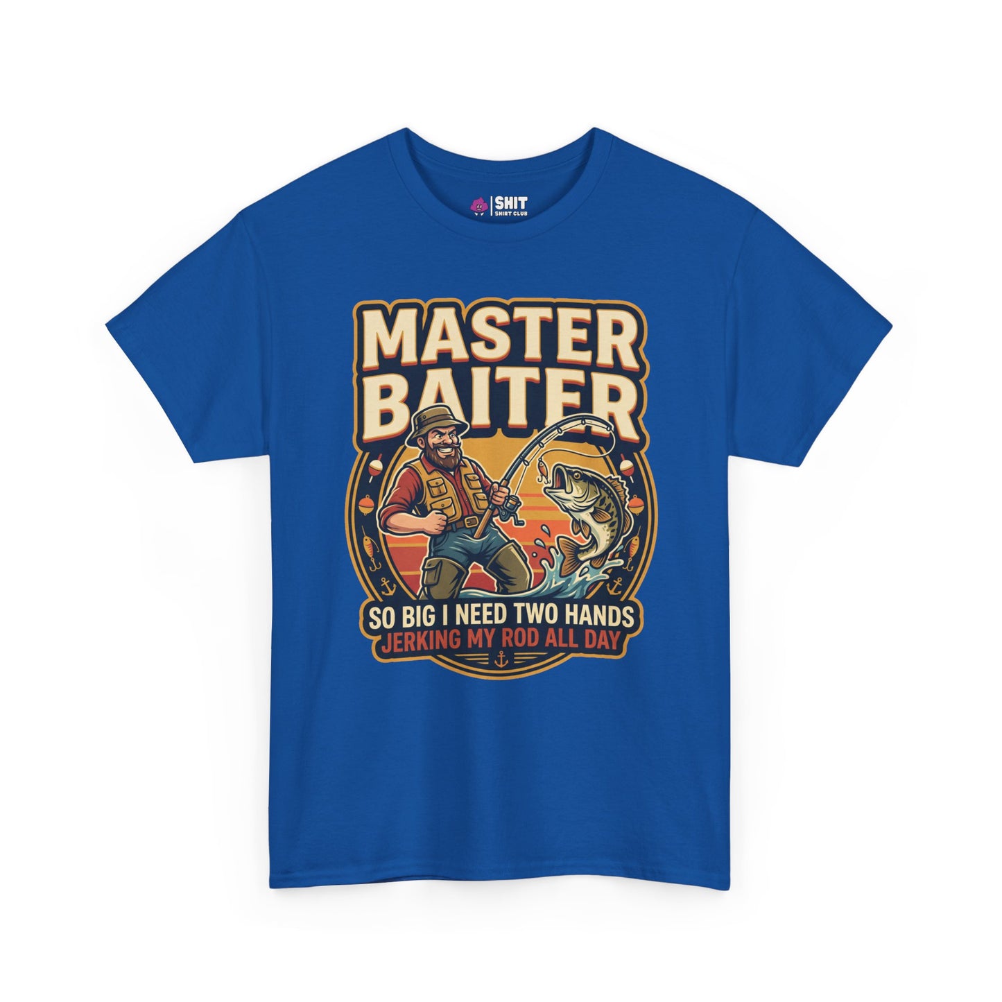 The Master Baiter Rude Fishing Tee features a blue design with a cartoon man fishing, bold text, and a large fish graphic—a funny, cheeky shirt for fishing lovers looking for humor and style.