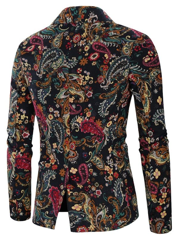 The Navy Floral Blazer features a slim fit and a vibrant paisley and floral pattern in red, yellow, green, and blue, shown from the back on a white background—ideal for bold mens fashion.