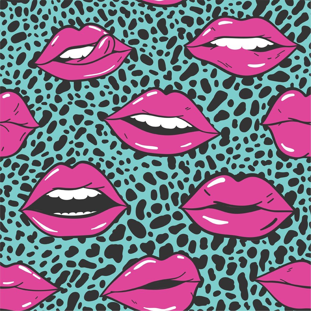 The Leopard Kiss Bad Bucket Hat features bold pink lips in different expressions on a blue and black animal print background, creating a playful, pop art vibe—making it the perfect statement piece for any festival look.