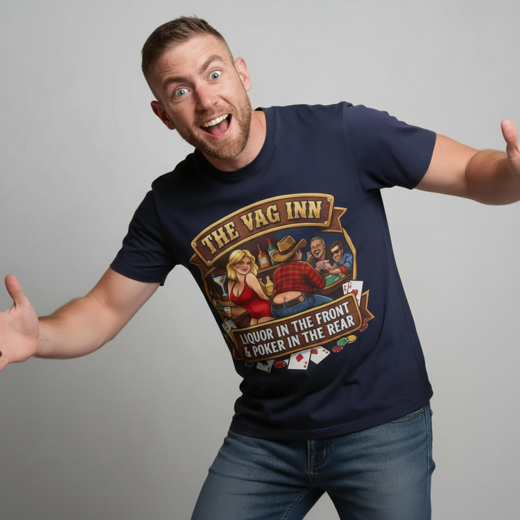 A smiling, bearded man with short hair stands with arms out wearing The Vag Inn "Liquor in the Front & Poker in the Rear" Tee, featuring a bold and colorful graphic.
