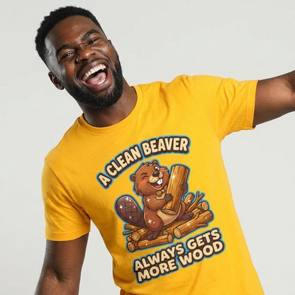 A man smiles in the "A Clean Beaver Always Gets More Wood" Stag Do Tee, featuring a cartoon beaver with wood and the cheeky slogan—ideal for a funny stag party shirt.