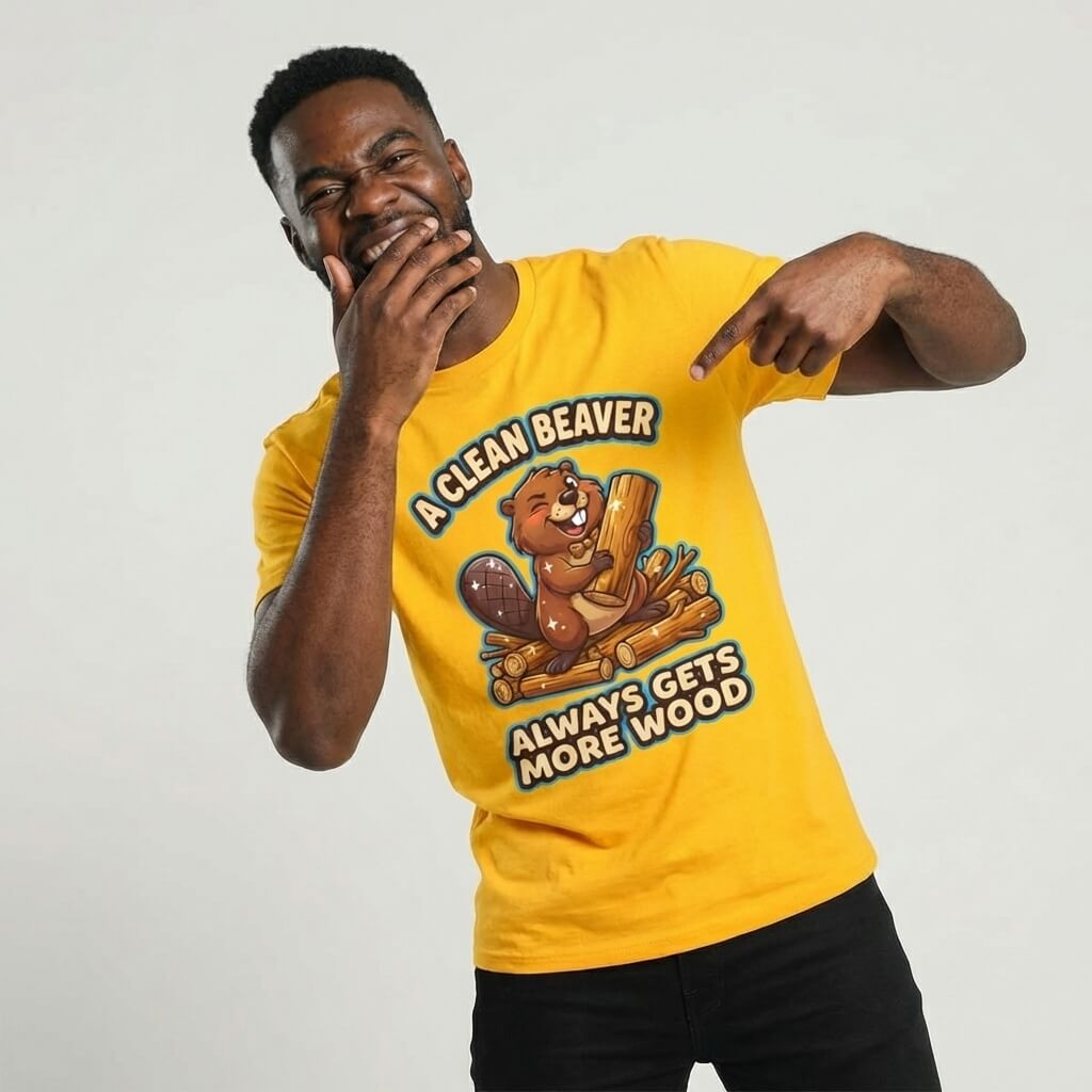 A man wearing the "A Clean Beaver Always Gets More Wood" Stag Do Tee—a yellow shirt with a cartoon beaver and playful text—points at it while covering his mouth, making it perfect for matching stag do outfits.