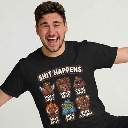 A smiling man wears the Shit Happens Stag Do Tee, a black shirt with cartoon poop characters labeled "Holy Shit," "Cool Shit," "Sick Shit," and more—perfect for laughs on any stag weekend!.