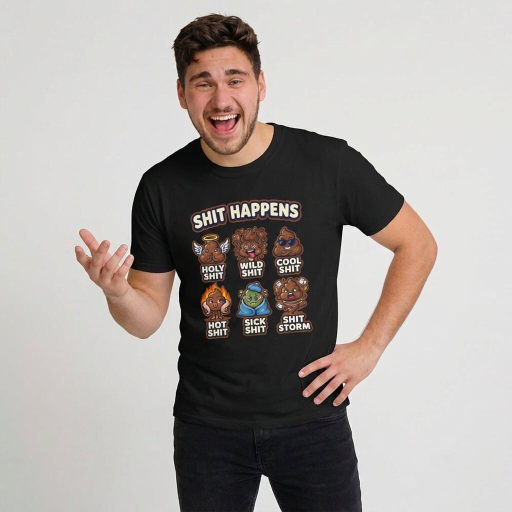 A smiling man with short brown hair and a beard wears the Shit Happens Stag Do Tee, featuring cartoon poop emojis and funny labels. He gestures with one hand while standing against a plain white background.