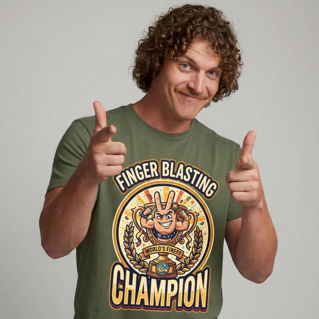 A man with curly hair and a mustache smiles at the camera, wearing an olive green Finger Blasting Champion Stag Do Tee—a funny graphic t-shirt for stag dos, featuring a playful cartoon hand.
