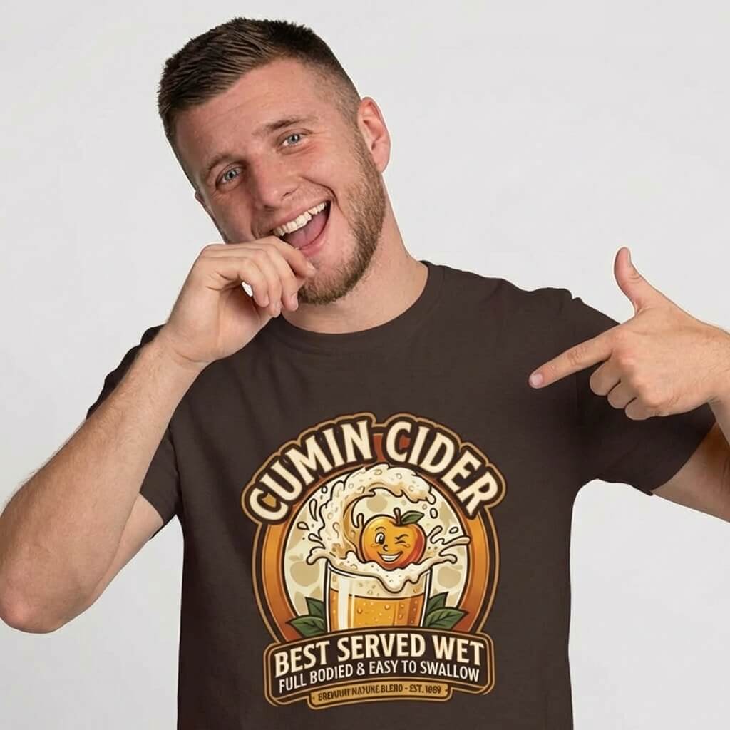 A smiling man wears the Cumin Cider Stag Do Tee, a funny shirt with a cartoon cider glass and the text: “Cumin Cider - Best Served Wet - Full Bodied & Easy to Swallow.”.