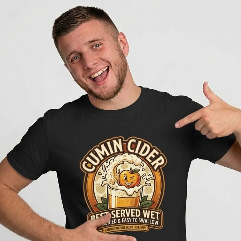 A smiling man with short hair points at his Cumin Cider Stag Do Tee, featuring a cartoon cider glass with a splash and apple logo. The shirt reads: "Cumin Cider, Best Served Wet, Clouded & Easy to Swallow.