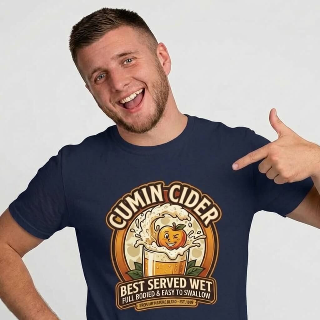 A smiling man points to his navy blue Cumin Cider Stag Do Tee, featuring a playful cartoon apple splashing into a mug with the text: "Cumin Cider - Best Served Wet - Full Bodied & Easy to Swallow.