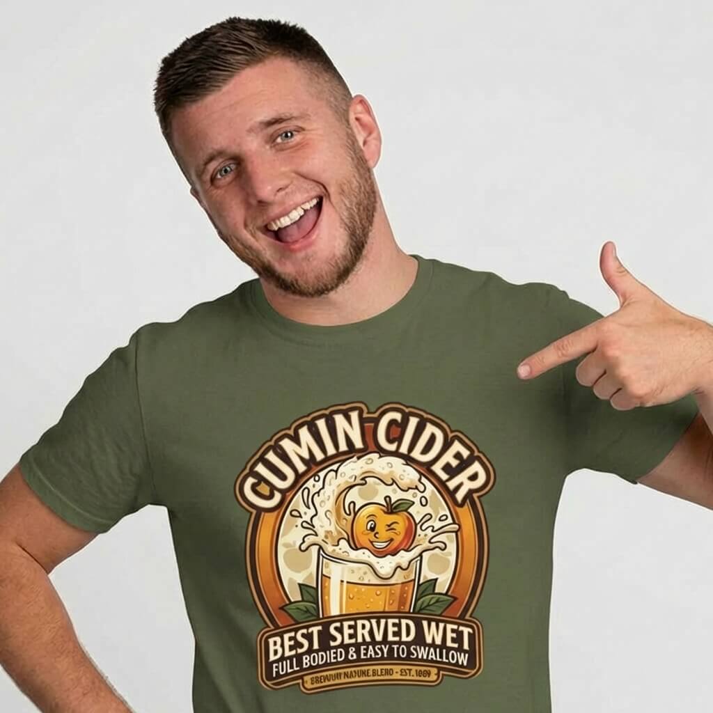 A man smiles and points at his green Cumin Cider Stag Do Tee, showing a cartoon cider glass with a happy apple and the text: "Cumin Cider - Best Served Wet - Full Bodied & Easy to Swallow" on the front.