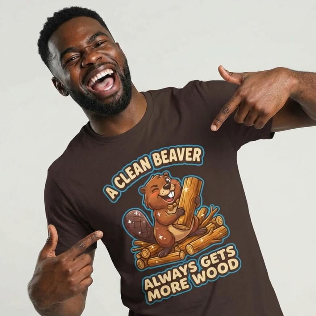 A smiling man points at his "A Clean Beaver Always Gets More Wood" Stag Do Tee, featuring a cartoon beaver with logs—an ideal funny stag party shirt.
