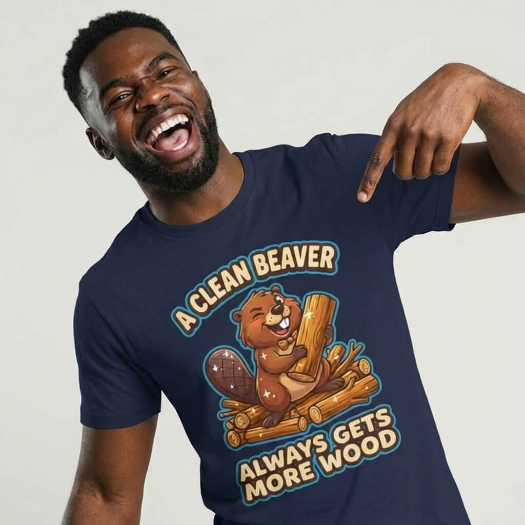 A smiling man points to his "A Clean Beaver Always Gets More Wood" Stag Do Tee, featuring a cartoon beaver on logs—an ideal funny t-shirt for matching stag do outfits.