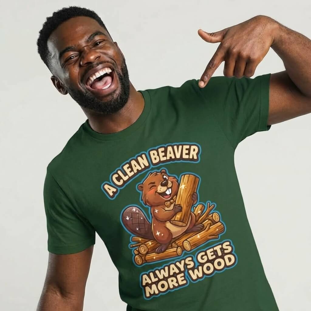 A man smiles and points at his green "A Clean Beaver Always Gets More Wood" Stag Do Tee, featuring a cartoon beaver with logs—ideal for adding humor to any stag do celebration.