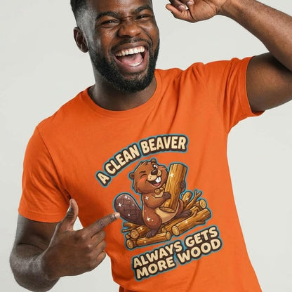 A man smiles in the "A Clean Beaver Always Gets More Wood" Stag Do Tee, a funny orange t-shirt with a cartoon beaver—ideal for matching stag do outfits and adding humor to your celebration.