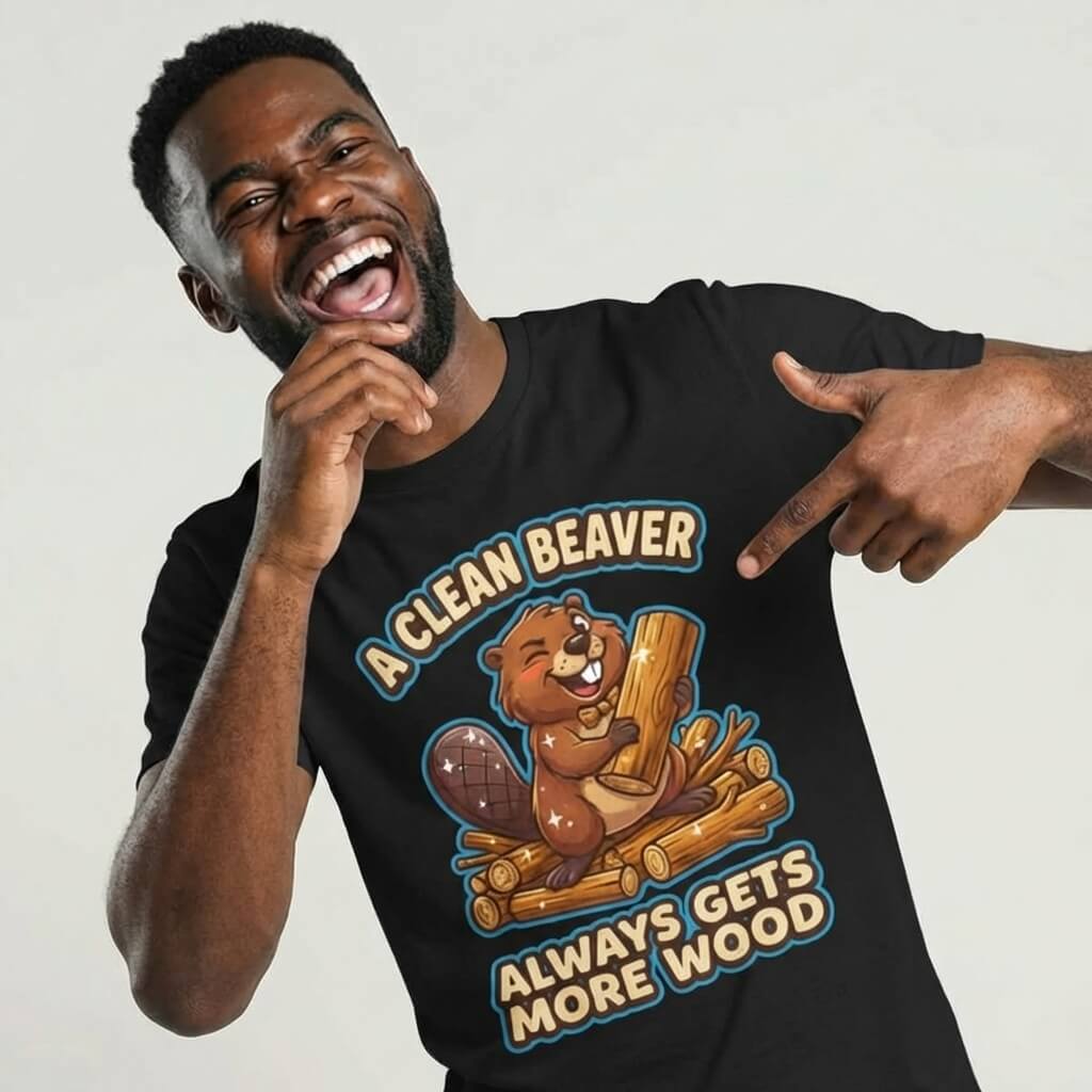 A grinning man points to his "A Clean Beaver Always Gets More Wood" Stag Do Tee, featuring a cartoon beaver on logs and the cheeky slogan—ideal for anyone seeking a funny stag do shirt.