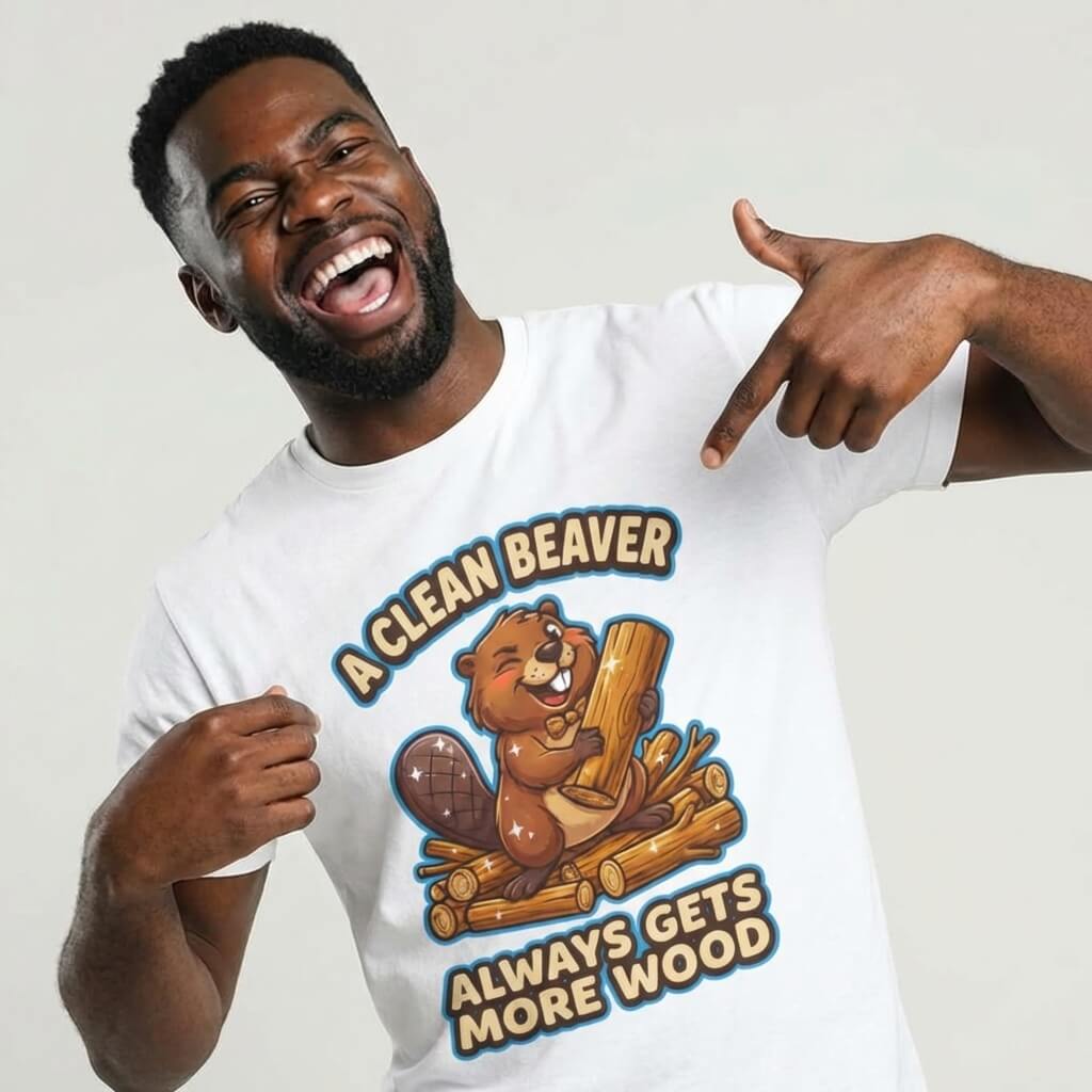 A man points to his "A Clean Beaver Always Gets More Wood" Stag Do Tee, featuring a cartoon beaver with logs—a hilarious and bold T-shirt that's perfect for your stag party celebration!.
