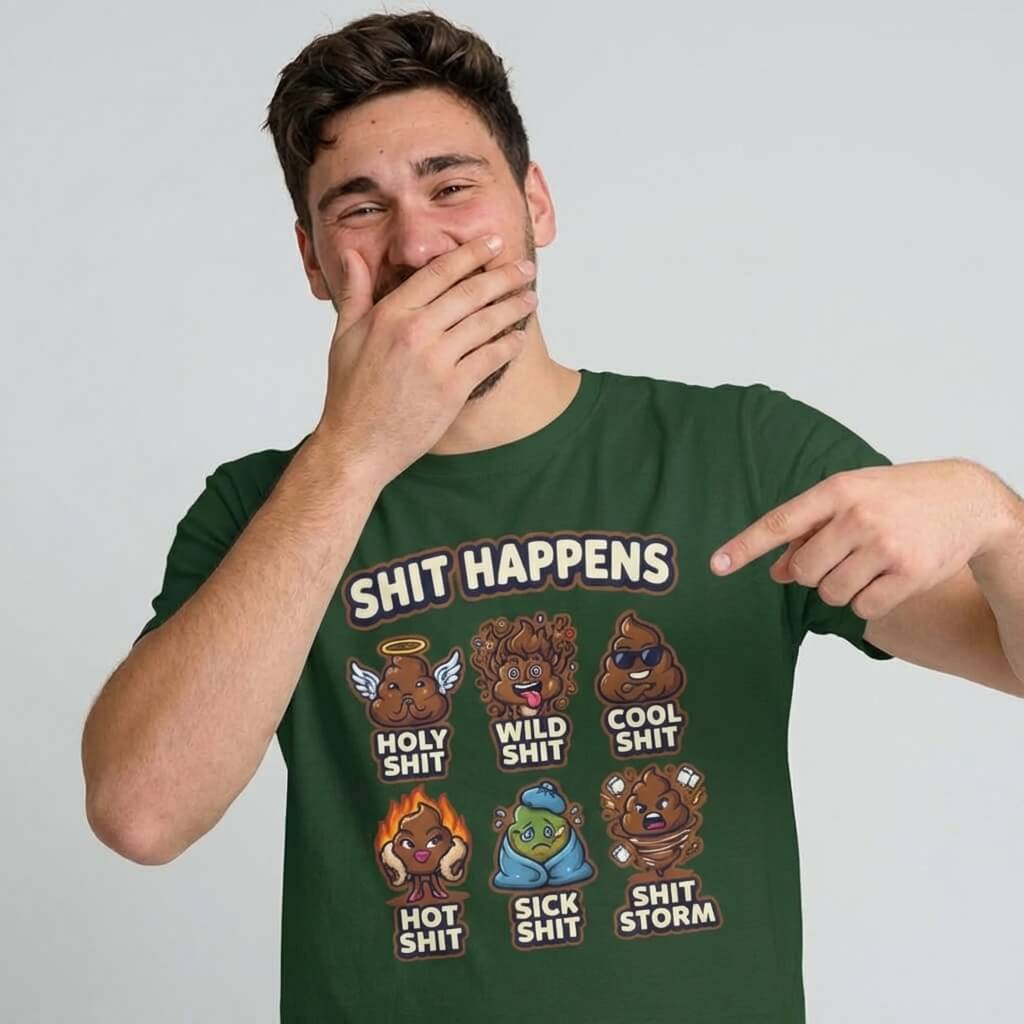 A smiling man in a green Shit Happens Stag Do Tee, featuring cartoon poop characters like Holy Shit and Hot Shit, points to his shirt—ideal funny stag do outfits for laughs and matching with the guys.