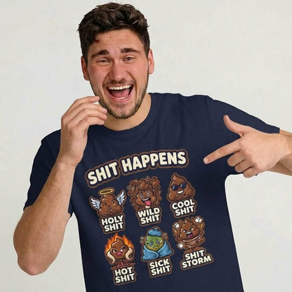 A man points to his navy Shit Happens Stag Do Tee, featuring cartoon poop emojis with funny labels like Holy Shit, Wild Shit, Cool Shit, Hot Shit, Sick Shit, and Shit Storm. The ultimate humorous stag do t-shirt!.
