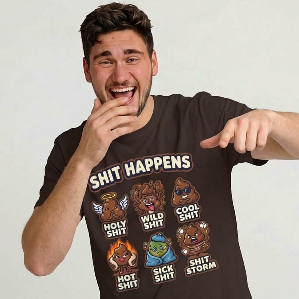 A man laughs and points while wearing the Shit Happens Stag Do Tee—a black shirt featuring "SHIT HAPPENS" and cartoon poop illustrations labeled Holy Shit, Wild Shit, Cool Shit, Hot Shit, Sick Shit, and Shit Storm.