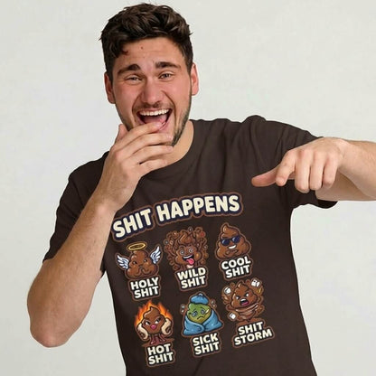 A man laughs and points while wearing the Shit Happens Stag Do Tee—a black shirt featuring "SHIT HAPPENS" and cartoon poop illustrations labeled Holy Shit, Wild Shit, Cool Shit, Hot Shit, Sick Shit, and Shit Storm.