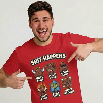 A smiling man proudly points at his Shit Happens Stag Do Tee—a red t-shirt with cartoon poop emojis labeled Holy Shit, Wild Shit, Cool Shit, Hot Shit, Sick Shit, and Shit Storm—perfect for a fun stag weekend.
