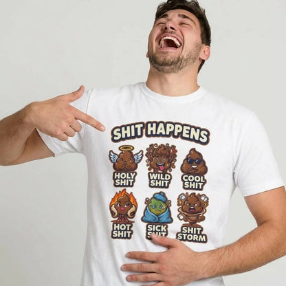 A man laughs and points at his "Shit Happens Stag Do Tee," which displays cartoon poop characters labeled Holy Shit, Wild Shit, Cool Shit, Hot Shit, Sick Shit, and Shit Storm.