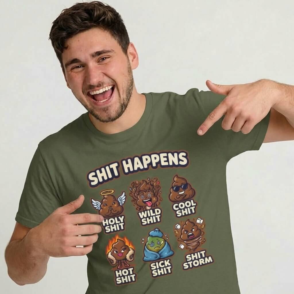 A smiling man points to his olive-green Shit Happens Stag Do Tee, featuring cartoon poop characters labeled Holy Shit, Wild Shit, Cool Shit, Hot Shit, Sick Shit, and Shit Storm—ideal for a funny or matching stag do outfit!.