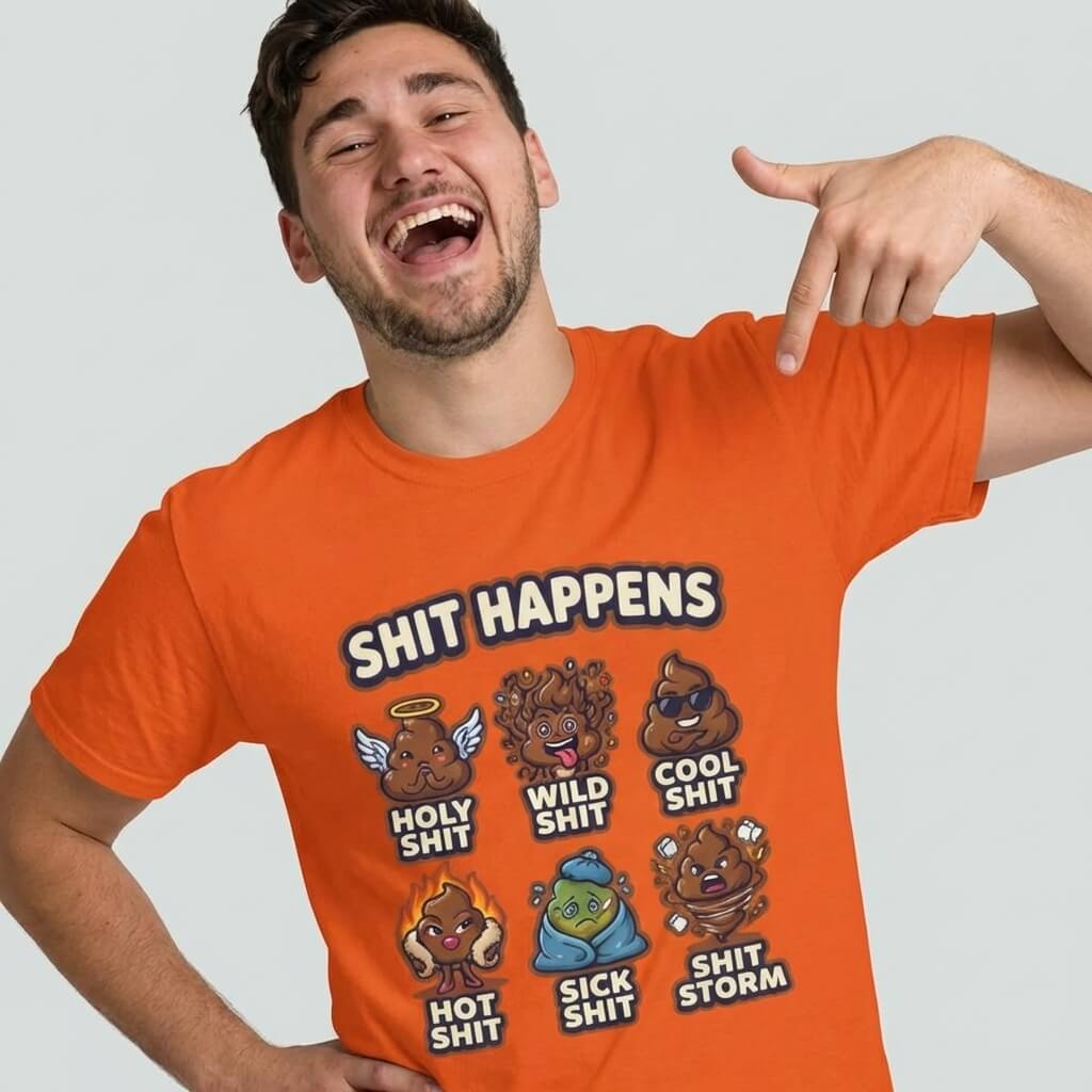 A smiling man in a Shit Happens Stag Do Tee points to cartoon poop emojis on his shirt labeled Holy Shit, Wild Shit, Cool Shit, Hot Shit, Sick Shit, and Shit Storm—a funny pick for group stag parties!.