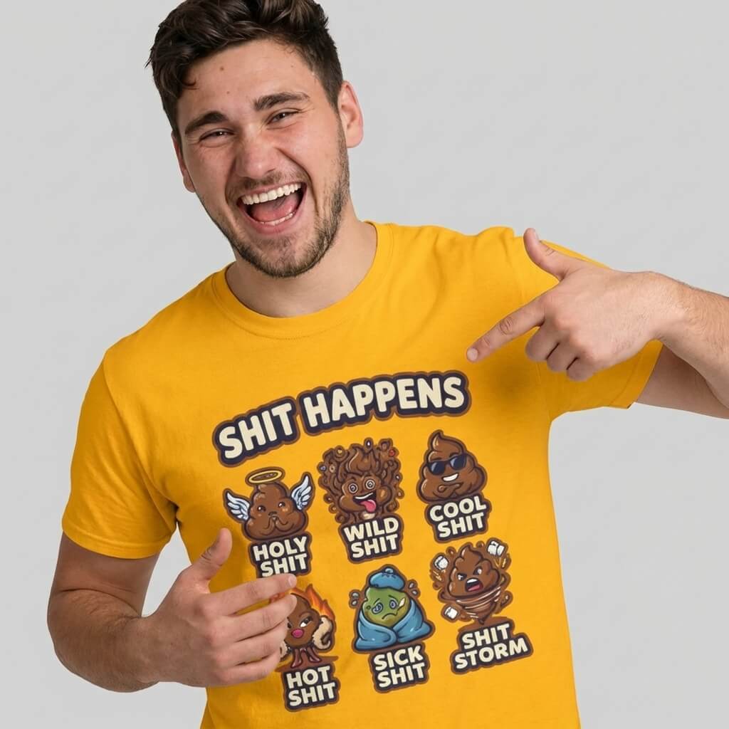 A man grins, pointing at his Shit Happens Stag Do Tee, featuring cartoon poop characters labeled Holy Shit, Wild Shit, Cool Shit, Hot Shit, Sick Shit, and Shit Storm—ideal for matching stag do outfits!.