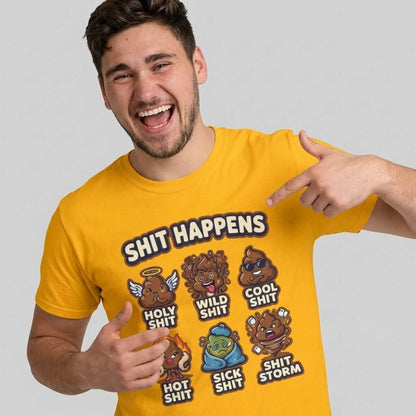 A man grins, pointing at his Shit Happens Stag Do Tee, featuring cartoon poop characters labeled Holy Shit, Wild Shit, Cool Shit, Hot Shit, Sick Shit, and Shit Storm—ideal for matching stag do outfits!.
