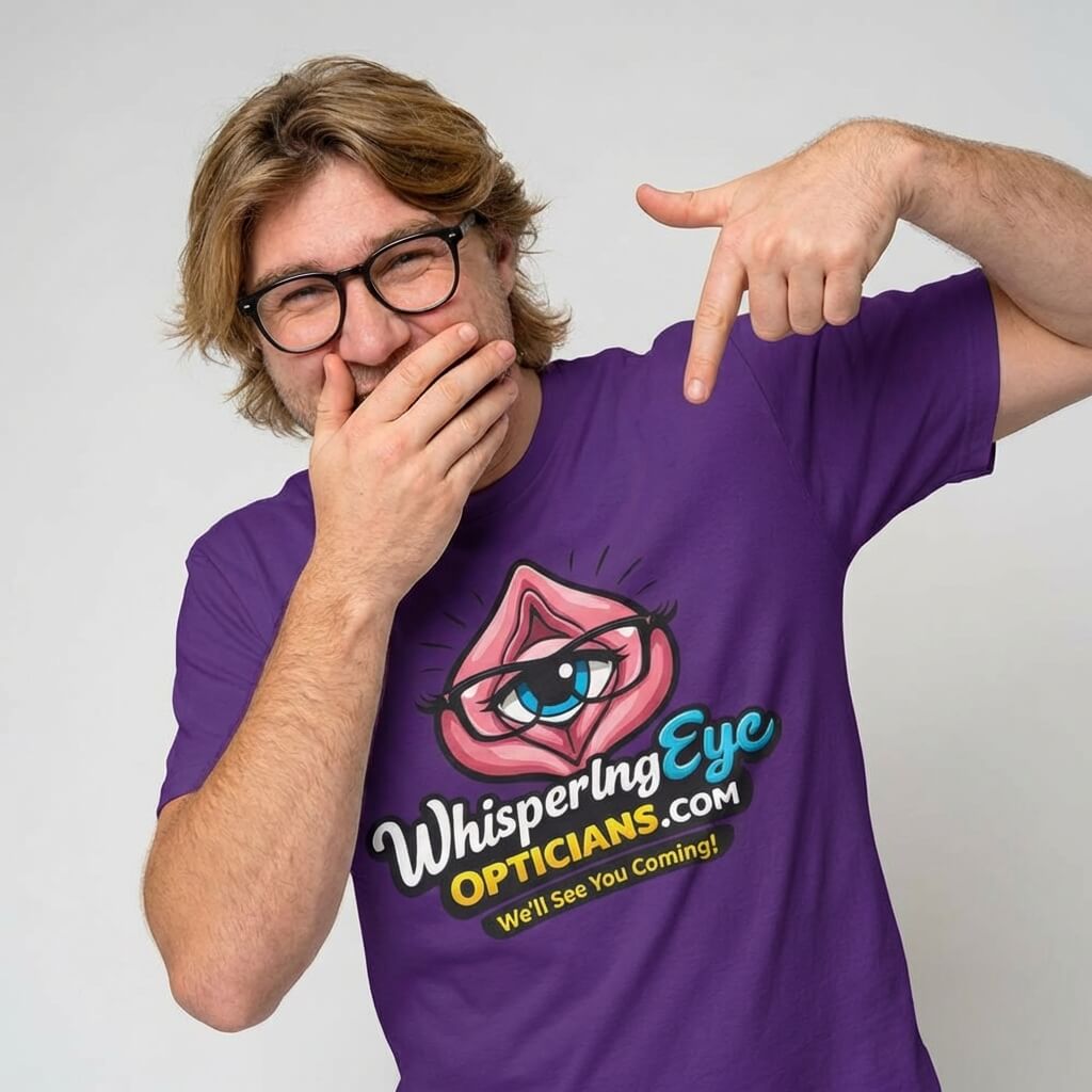 A smiling man in glasses wears the Whispering Eye Opticians Logo Tee (We'll See You Coming!), covering his mouth and pointing at the cheeky cartoon eye-in-lips design and bold text.